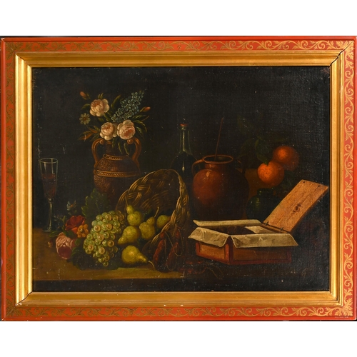 65 - Late 18th Century European School. Still Life of Jugs, Urns and Fruit in a Basket, Oil on canvas, In... 