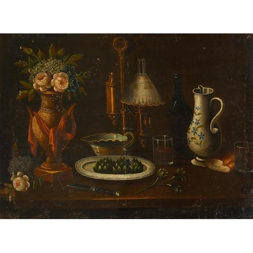 65 - Late 18th Century European School. Still Life of Jugs, Urns and Fruit in a Basket, Oil on canvas, In... 