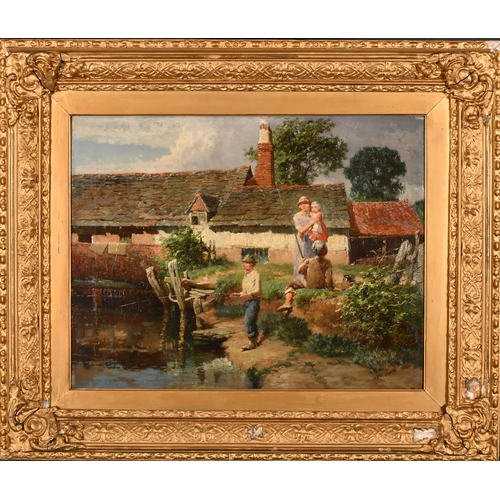 108 - Circle of William Pitt (act.1851-1890) British. A River Landscape with Boys Fishing and a cottage be... 