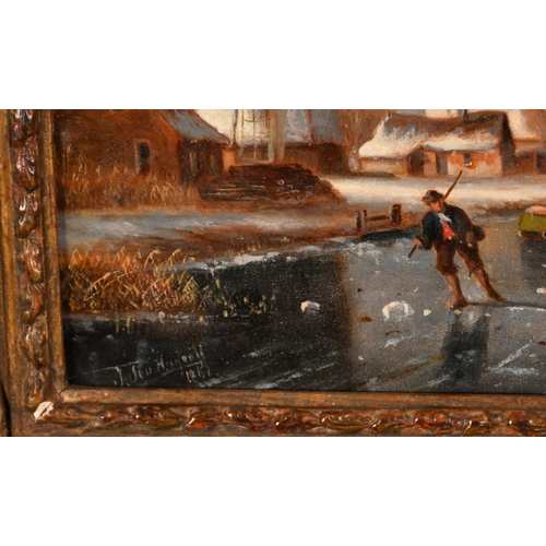 109 - Jacob Ten Hagen (1820-1880) Dutch. Skaters on a Frozen River, Oil on panel, Signed and dated 1867, 8... 