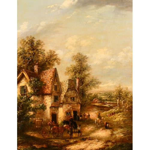 124 - Georgina Lara (act.1840-1880) British. Figures and Carts by an Inn, Oil on canvas, Signed, 18