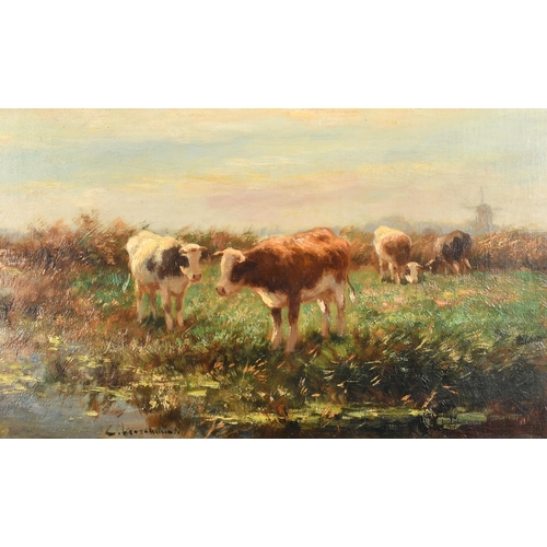 133 - C Wescheur (19th-20th Century) European. Cattle Watering, Oil on canvas, Indistinctly signed, 11.75