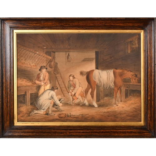 137 - Manner of George Morland (1763-1804) British. Figures with a Horse and Dogs in a Stable, Watercolour... 