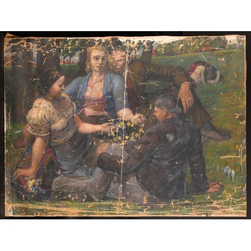 230 - 20th Century English School. Figures with a Daisy Chain, Oil on canvas, Unframed 30