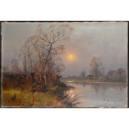 235 - Early 20th Century French School. A Moonlit River Landscape, Oil on canvas, Indistinctly signed and ... 