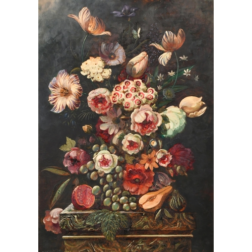 239 - Early 20th Century European School. Still Life of Flowers and Fruit, Oil on board, Indistinctly sign... 