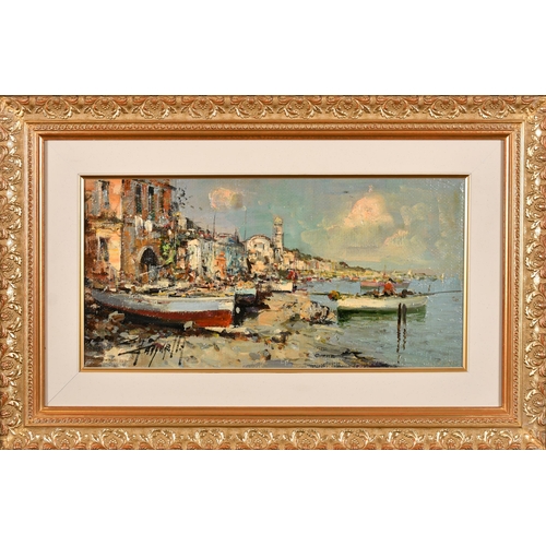 242 - Ciro Canzanella (1948-    ) Italian. An Italian Harbour Scene, Oil on canvas, Signed, and signed and... 