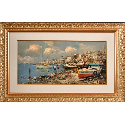 242 - Ciro Canzanella (1948-    ) Italian. An Italian Harbour Scene, Oil on canvas, Signed, and signed and... 