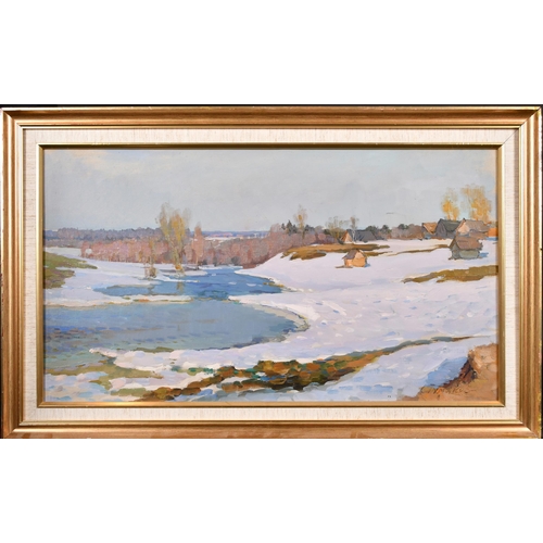 250 - Sergei Tumakov (1919-2003) Russian. A Winter River Scene, Oil on canvas, Signed, and inscribed and d... 