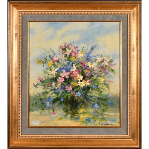 275 - K Koslinko (20th Century) Russian. Still Life of Flowers in a Glass Vase, Oil on canvas, Signed in C... 