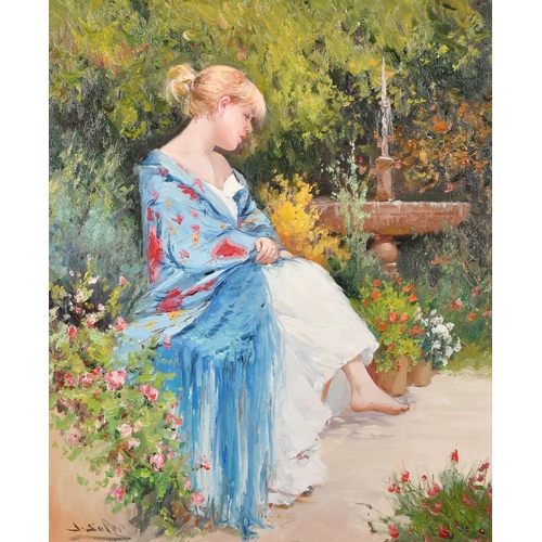 281 - Juan Soler (1951-    ) Spanish/French. A Young Girl Seated in a Garden, Oil on canvas, Signed, 21.5