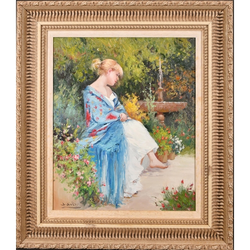 281 - Juan Soler (1951-    ) Spanish/French. A Young Girl Seated in a Garden, Oil on canvas, Signed, 21.5