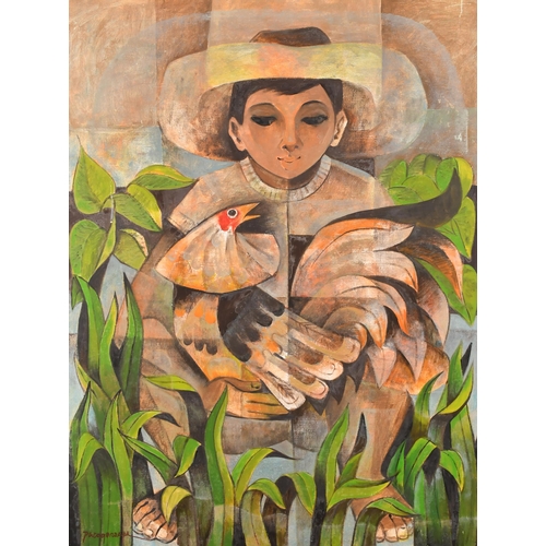 283 - Paco Gorospe (1939-2002) Filipino. A Boy Holding a Cockerel, Oil on canvas, Signed, 40