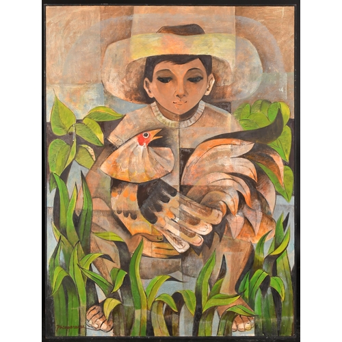 283 - Paco Gorospe (1939-2002) Filipino. A Boy Holding a Cockerel, Oil on canvas, Signed, 40