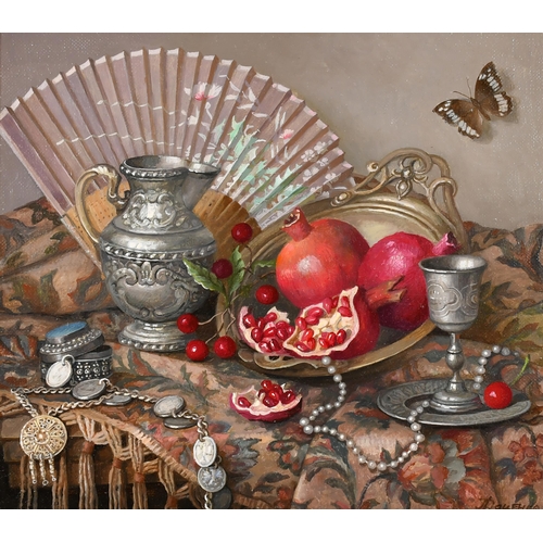 286 - Lydia Dozenko (1968-    ) Russian. Still Life on a Table, Oil on canvas, Signed in Cyrillic, and ins... 