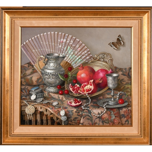 286 - Lydia Dozenko (1968-    ) Russian. Still Life on a Table, Oil on canvas, Signed in Cyrillic, and ins... 