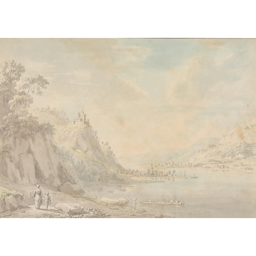 47 - Anthony Devis (1729-1816) British. Figures in an Extensive River Landscape, Ink, watercolour and was... 