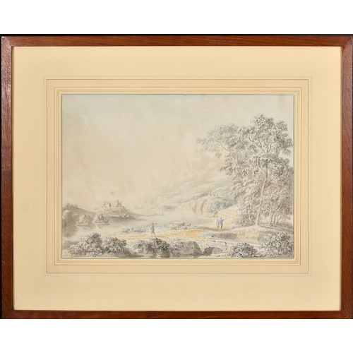 47 - Anthony Devis (1729-1816) British. Figures in an Extensive River Landscape, Ink, watercolour and was... 