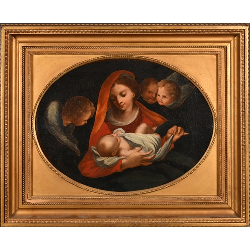 48 - 18th Century Italian School. Madonna and Child with Cherubs, Oil on canvas, Painted oval, 12