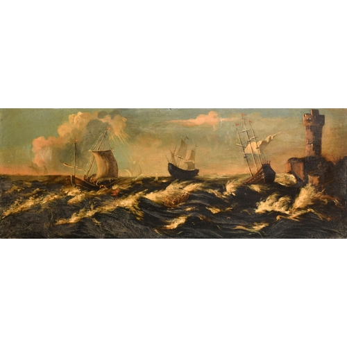 55 - Manner of Matthieu van Plattenberg (1607-1660) Belgian. Shipping in Stormy Waters, Oil on canvas, In... 