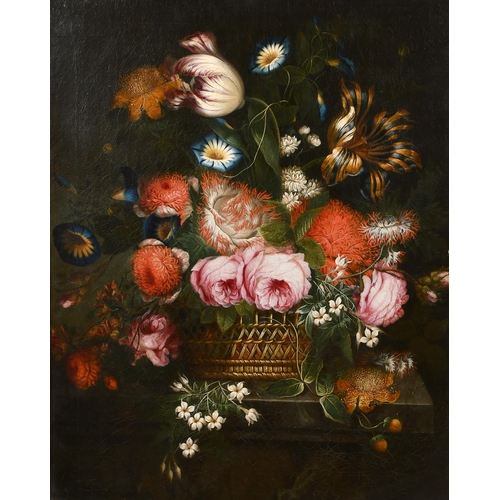 61 - 18th Century Dutch School. Still Life of Flowers in a Wicker Basket, Oil on canvas, In a carved gilt... 