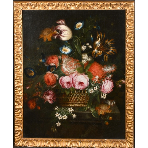 61 - 18th Century Dutch School. Still Life of Flowers in a Wicker Basket, Oil on canvas, In a carved gilt... 