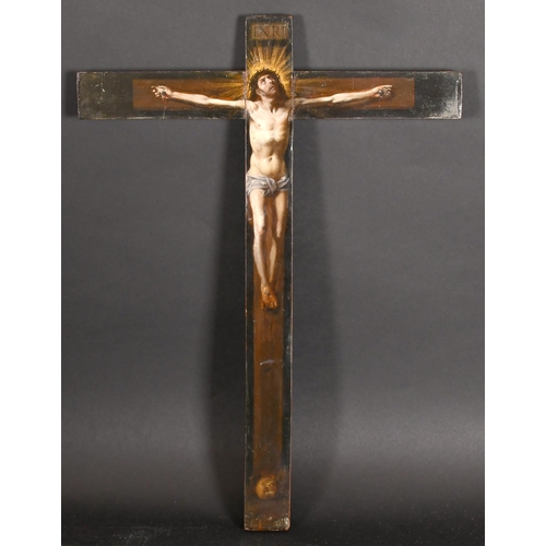 64 - Late 19th-Early 20th Century European School. Christ on the Cross, Oil on a wooden cross, Overall 20... 