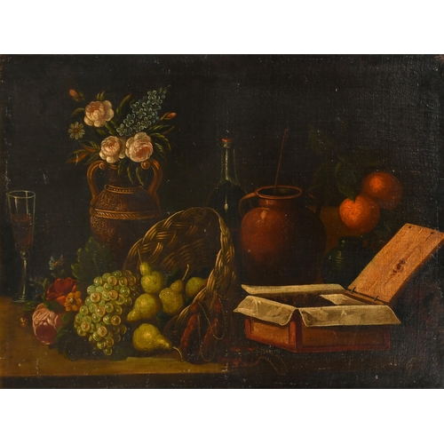 65 - Late 18th Century European School. Still Life of Jugs, Urns and Fruit in a Basket, Oil on canvas, In... 