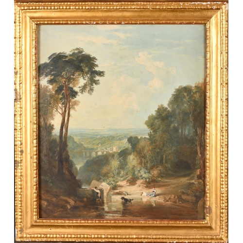 97 - Manner of Joseph Mallord William Turner (1775-1851) British. A River Landscape with Figures in the f... 