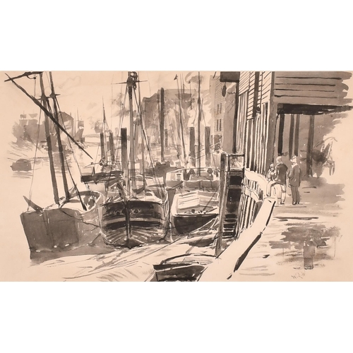 107 - William Lionel Wyllie (1851-1931) British. 'Moored Boats by a Wharf', Watercolour and wash, Signed w... 