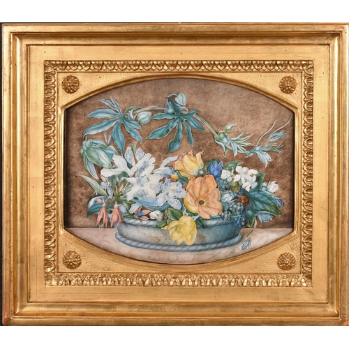 12 - 18th Century French School. A Still Life with a Bowl of Flowers on a Marble Ledge, Gouache on vellum... 