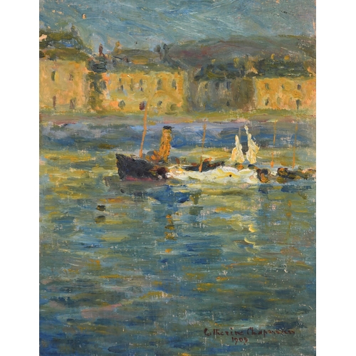 166 - Catherine M Chapman (19th-20th Century) American. An Impressionist Parisian River Scene, Oil on pane... 