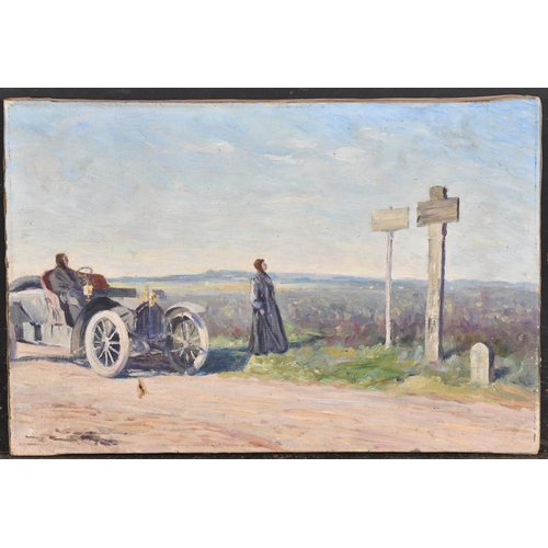 174 - Late 19th Century English School. Figures on a Roadside, Oil on canvas, unframed 11.5
