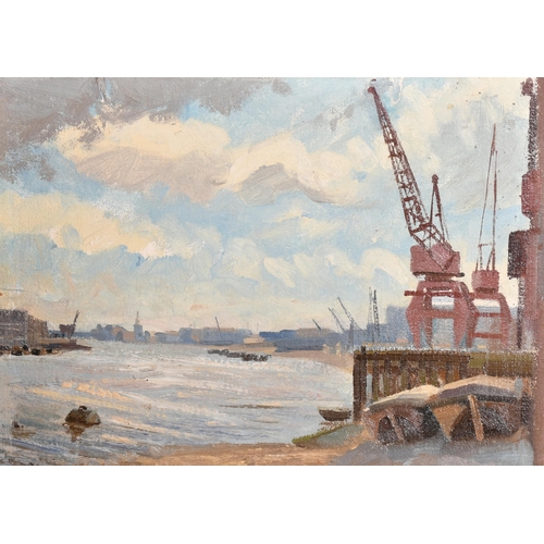 205 - 20th Century English School. Cranes by an Estuary, Oil on card, unframed 11