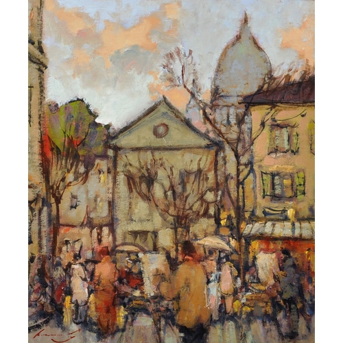 213 - Ken Moroney (1949-2018) British. 'Montmartre, the Artist's Square', with figures painting, Oil on bo... 