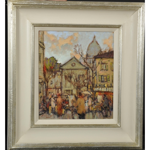 213 - Ken Moroney (1949-2018) British. 'Montmartre, the Artist's Square', with figures painting, Oil on bo... 