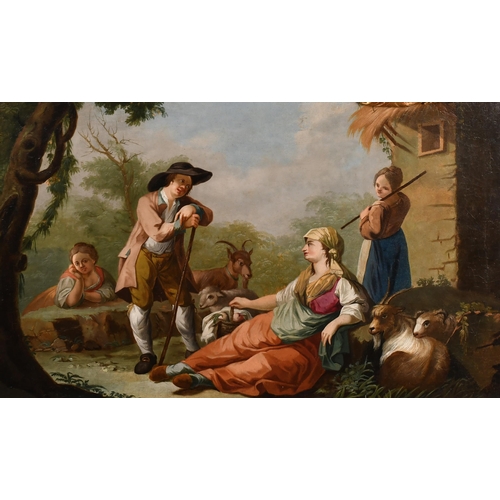 25 - 18th Century North Italian School. Goatherds by a Cottage, Oil on canvas, In a fine ornate carved gi... 