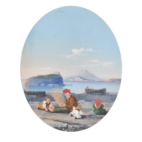 30 - Annibale Gatti (1828-1909) Italian. Figures in a Neapolitan Coastal Scene, Gouache, Signed, Oval, 12... 