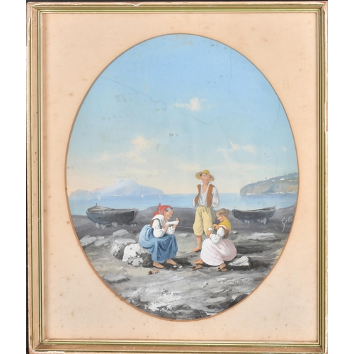 30 - Annibale Gatti (1828-1909) Italian. Figures in a Neapolitan Coastal Scene, Gouache, Signed, Oval, 12... 