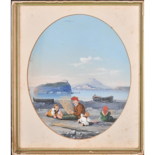 30 - Annibale Gatti (1828-1909) Italian. Figures in a Neapolitan Coastal Scene, Gouache, Signed, Oval, 12... 