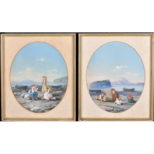 30 - Annibale Gatti (1828-1909) Italian. Figures in a Neapolitan Coastal Scene, Gouache, Signed, Oval, 12... 