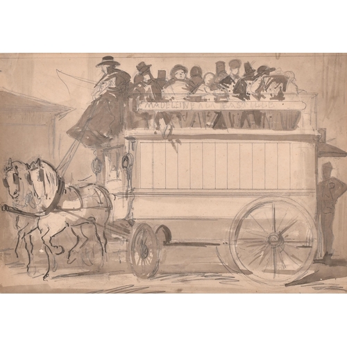 57 - Constantin Guys (1802-1892) French. Figures in a Horse Drawn Bus 'Madeleine a la Bastille', Ink, pen... 