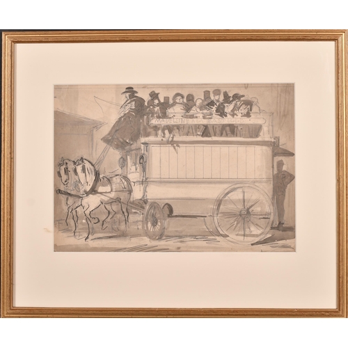 57 - Constantin Guys (1802-1892) French. Figures in a Horse Drawn Bus 'Madeleine a la Bastille', Ink, pen... 