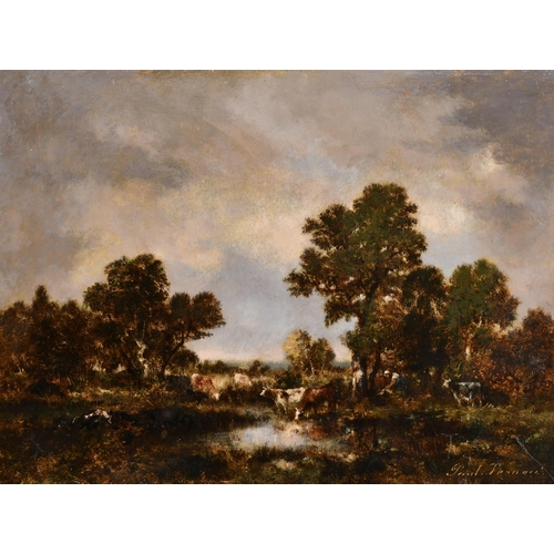 60 - Paul Vernon (1796-1875) British. A Barbizon River Landscape with Cattle Watering, Oil on panel, Sign... 