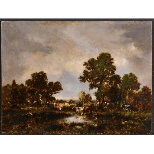 60 - Paul Vernon (1796-1875) British. A Barbizon River Landscape with Cattle Watering, Oil on panel, Sign... 