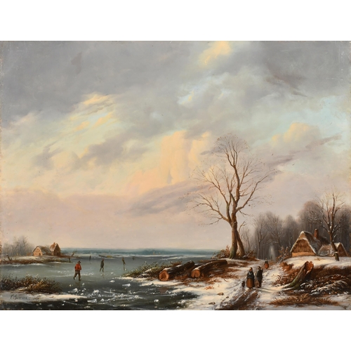 64 - C Bourne (19th Century) Dutch. A Winter Landscape with Figures Skating, Oil on panel, Signed and dat... 