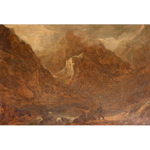 66 - Early 19th Century English School. Figures in a Mountainous Landscape, Oil on paper, unframed 6.75