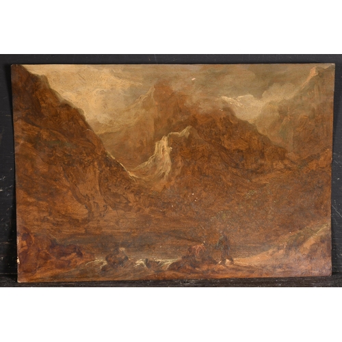 66 - Early 19th Century English School. Figures in a Mountainous Landscape, Oil on paper, unframed 6.75