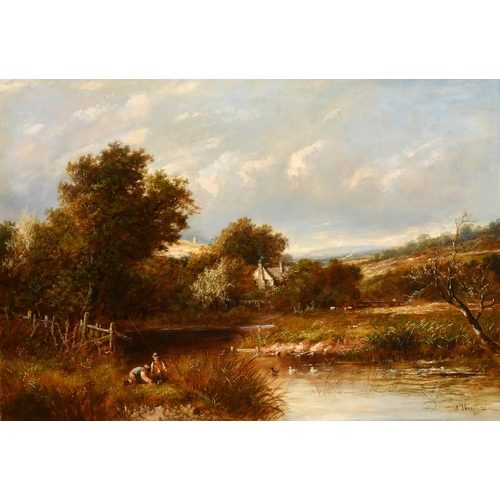 68 - Joseph Thors (1835-1884) British. Figures Fishing in a River Landscape, Oil on canvas, Signed and da... 