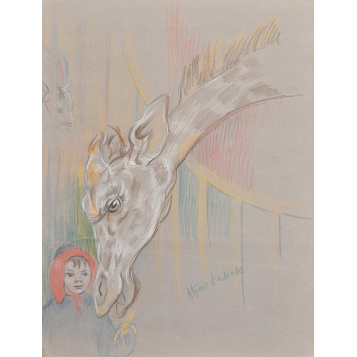 80 - Athene Andrade (1908- 1973) British. Study of a Giraffe and a Young Girl, Chalk, Signed, unframed 15... 